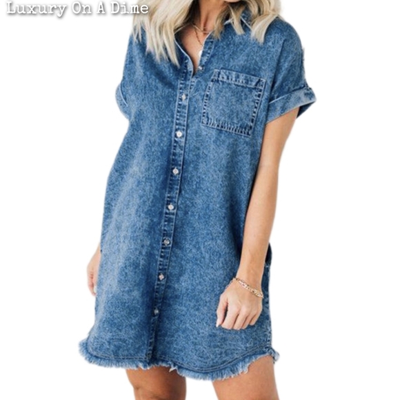 Distressed Denim Short Sleeve Button Front Pocket Jean Cotton Mini Shirt Dress - Picture 3 of 13